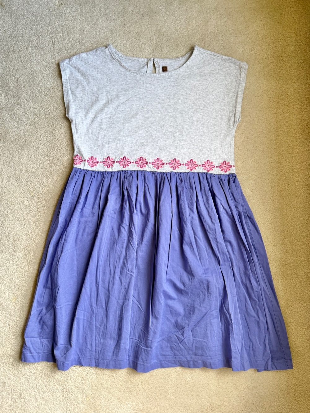 Tea Collection Gray Pruple Dress with Embroidered Pink Flowers Girls Size 12